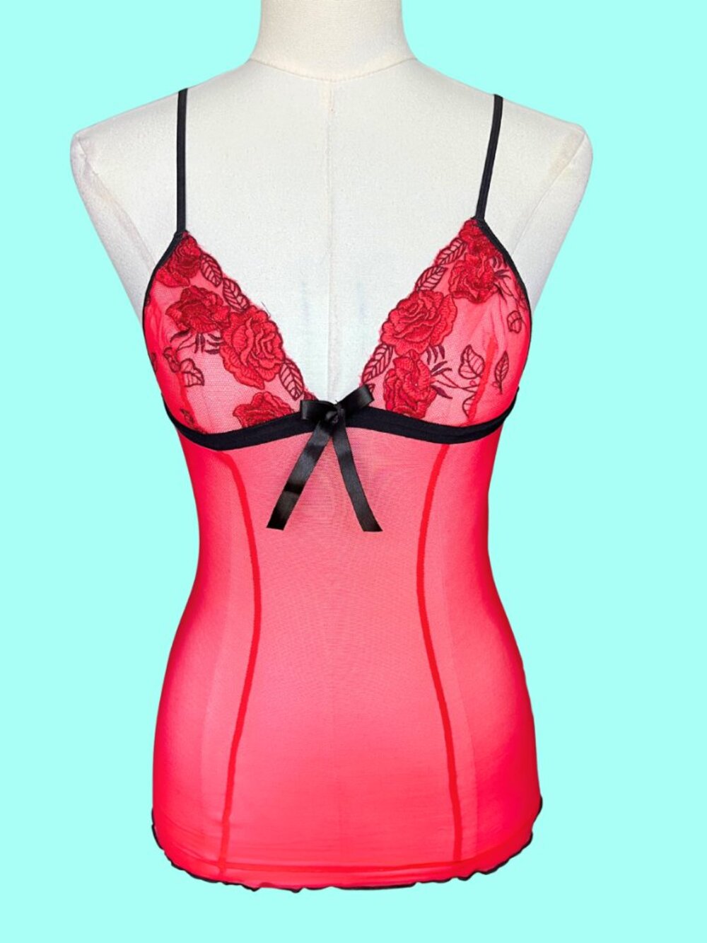 Vintage Escante Red Floral Mesh Sheer Lace Cami